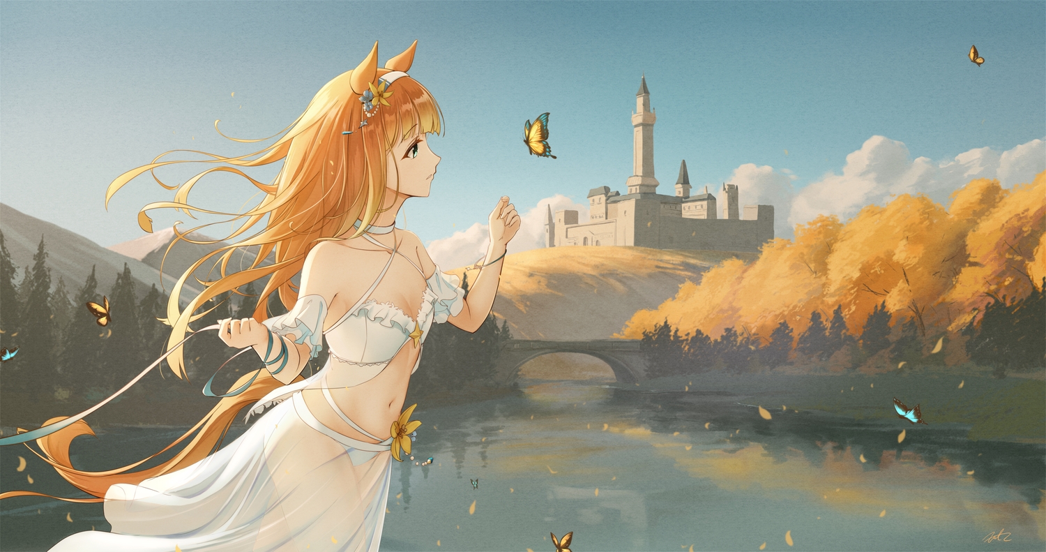animal_ears, anthropomorphism, autumn, building, butterfly, choker, clouds, fritz614