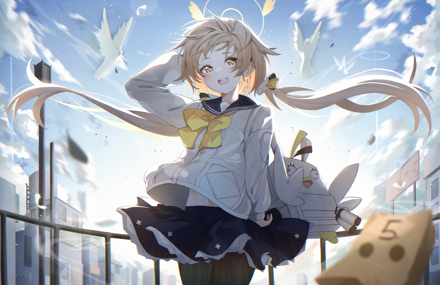 ajitani_hifumi, animal, bird, blue_archive, brown_eyes, brown_hair, building, city