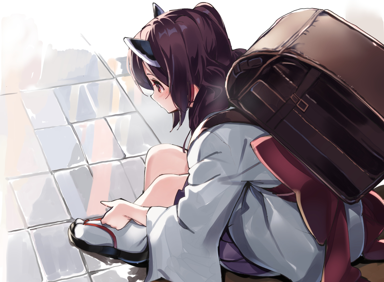 blush, bow, brown_hair, japanese_clothes, lamb_(hitsujiniku), long_hair, red_eyes, short_hair, skirt, socks, touhoku_kiritan, twintails, voiceroid