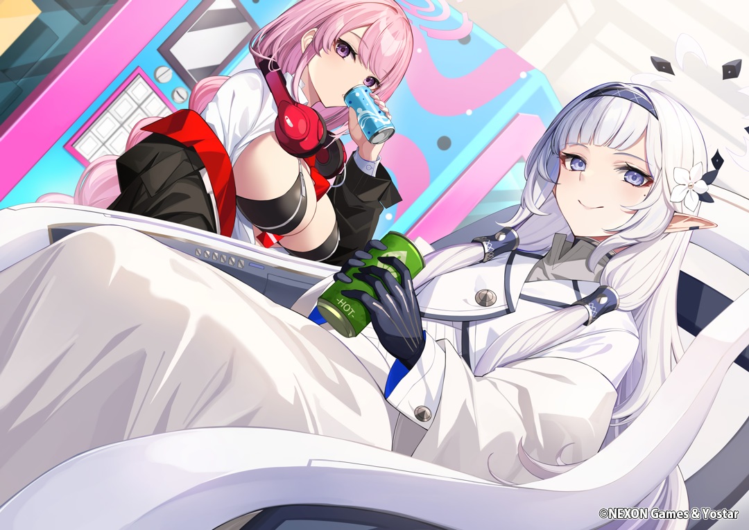2girls, akeboshi_himari, bikini_top, blue_archive, braids, breasts, cleavage, drink