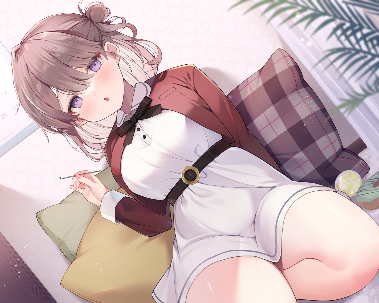 blush, bow, brown_hair, dress, ebihara_beniko, original, purple_eyes, raro