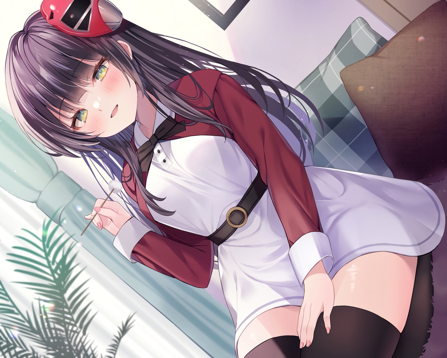 black_hair, blush, bow, dress, ebihara_beniko, green_eyes, long_hair, mask