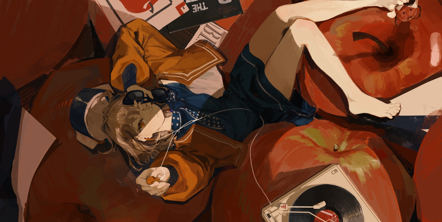 apple, barefoot, brown_hair, dress, food, fruit, headphones, orange_eyes, regulus_(reverse:1999), reverse:1999, scarf, sunglasses, xilmo