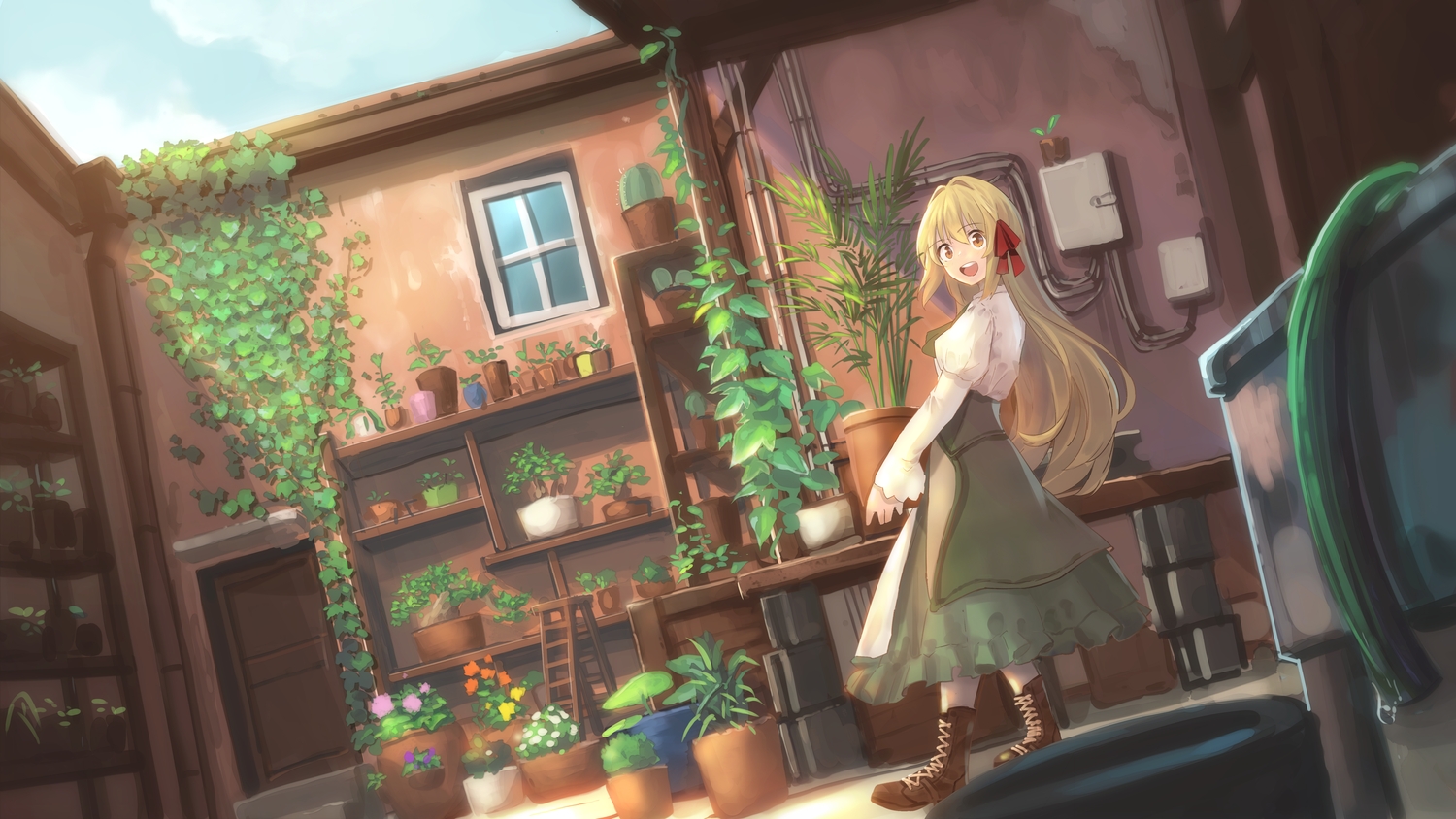 blonde_hair, boots, brown_eyes, building, clouds, flowers, leaves, long_hair