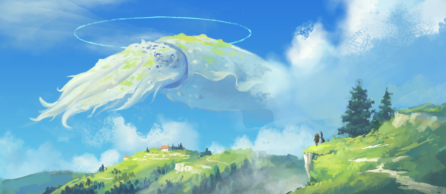 animal, animal_ears, building, clouds, grass, halo, landscape, original