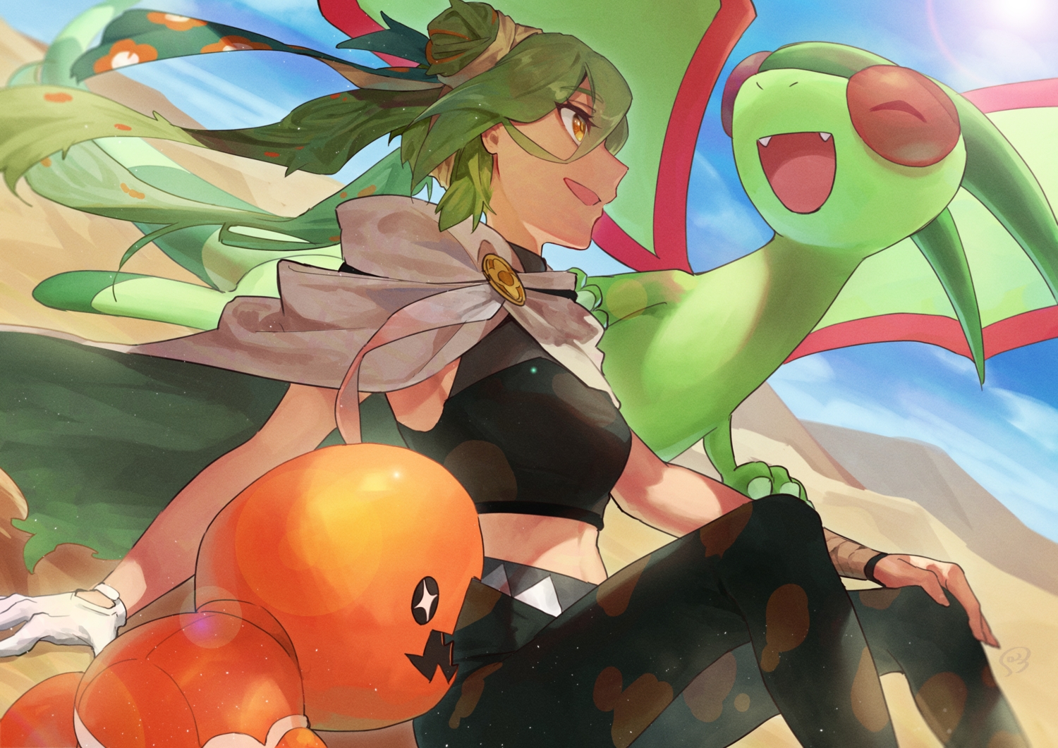 bandage, bossan_3310, cape, clouds, flygon, gloves, green_hair, ground_miku_(project_voltage), hatsune_miku, navel, pokemon, project_voltage, sky, trapinch, vocaloid