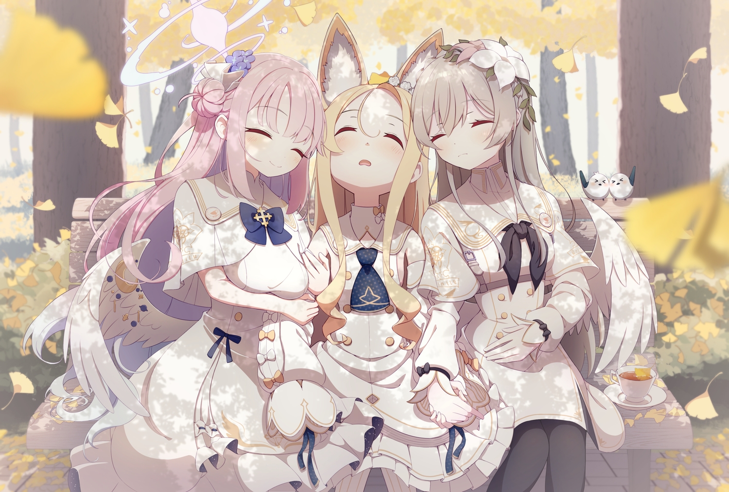 animal, animal_ears, autumn, bird, blonde_hair, blue_archive, blush, bow