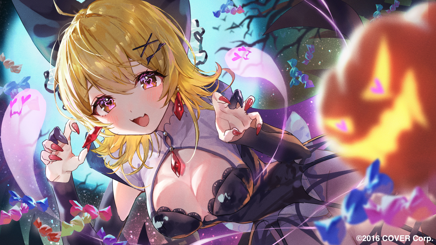 blonde_hair, blush, breasts, candy, cleavage, dress, fang, halloween