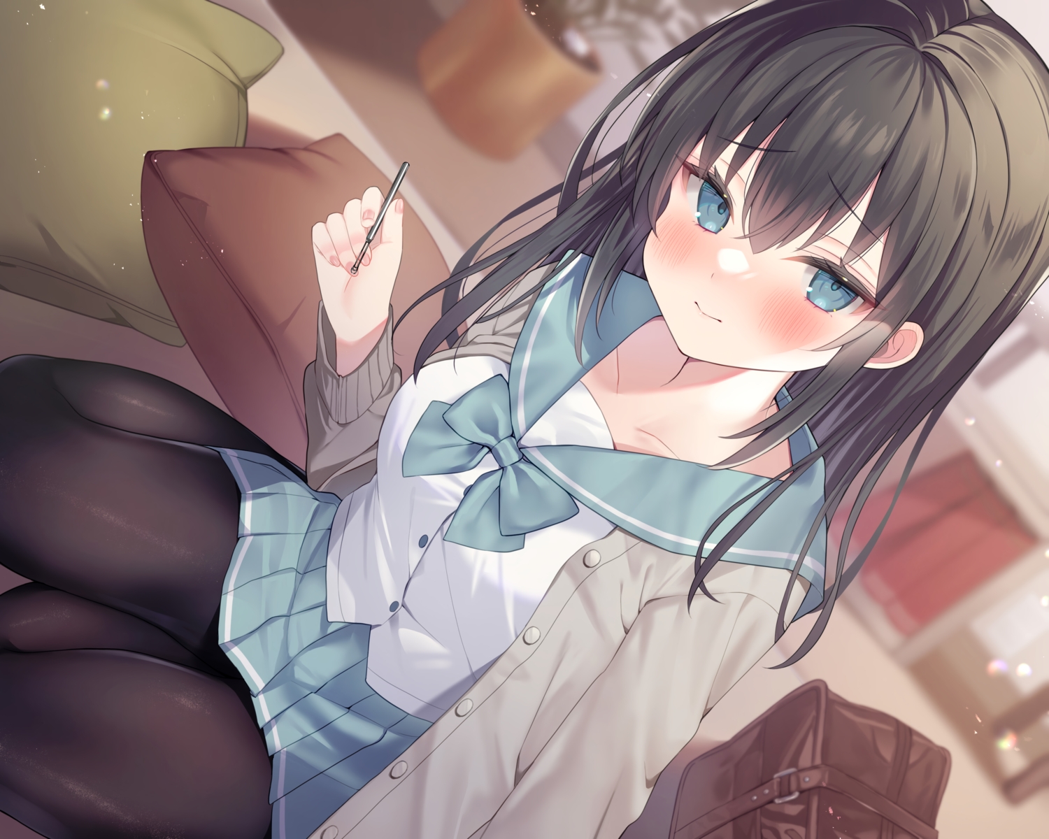 aqua_eyes, black_hair, blush, bow, ebihara_beniko, long_hair, original, pantyhose, raro, school_uniform, skirt