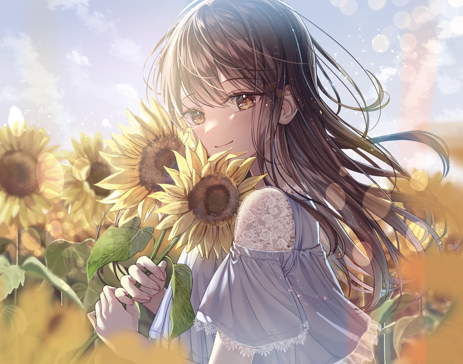 blush, brown_eyes, brown_hair, clouds, flowers, long_hair, original, sakura_(39ra)
