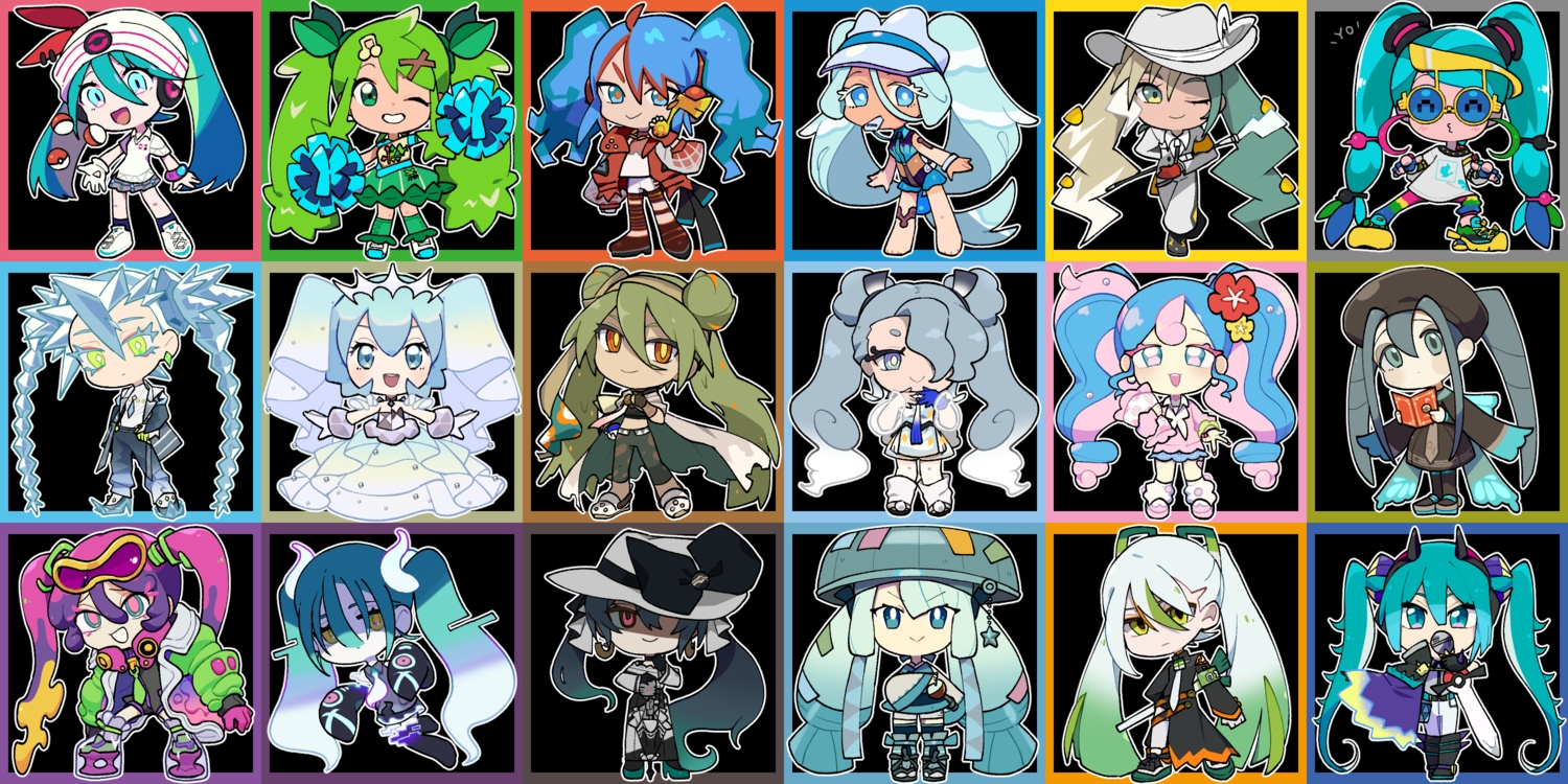 aqua_hair, blue_eyes, blue_hair, bug_miku_(project_voltage), cheerleader, chibi, dark_miku_(project_voltage), dragon_miku_(project_voltage)