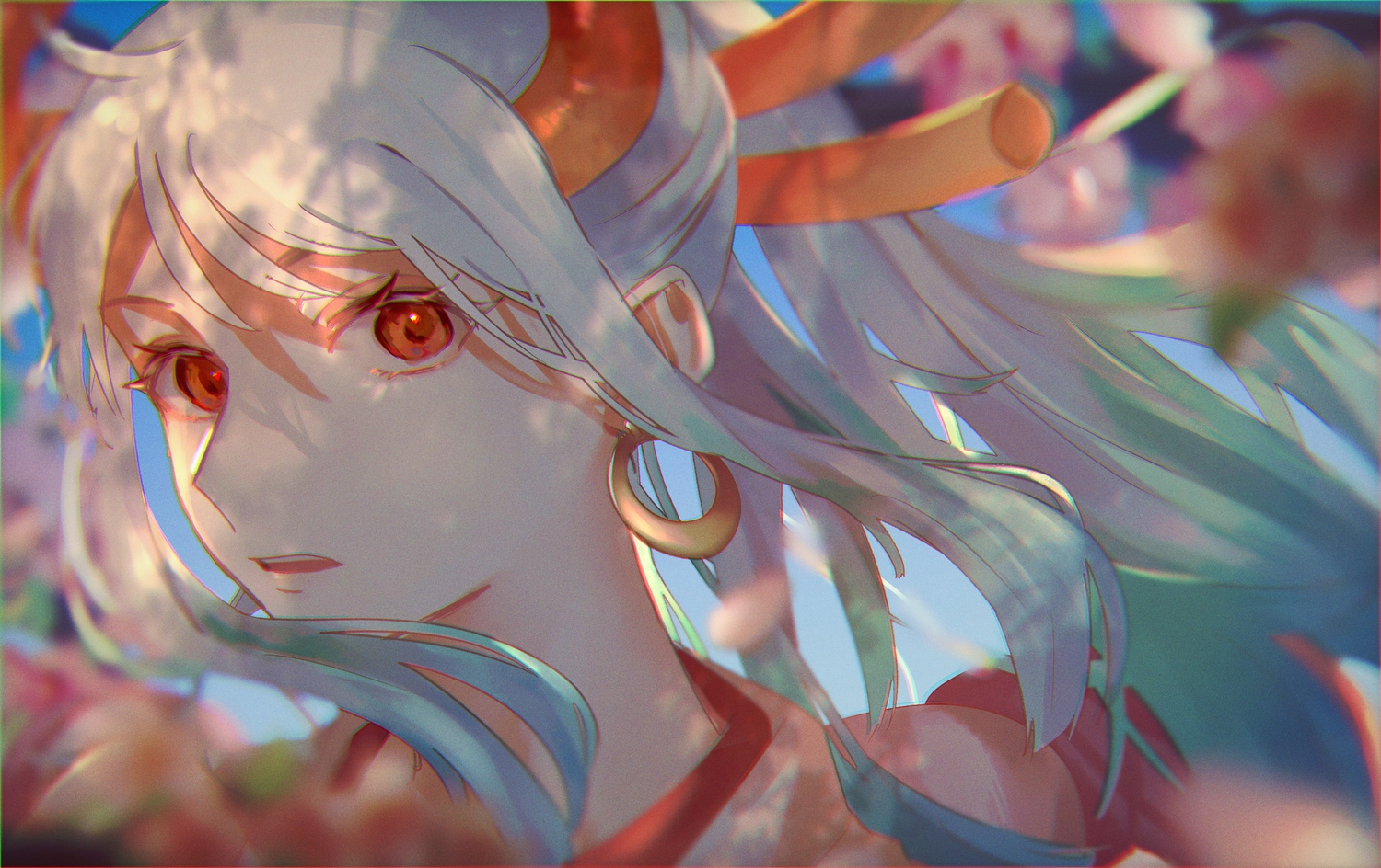 close, horns, long_hair, machida_0906, one_piece, ponytail, red_eyes, white_hair, yamato_(one_piece)