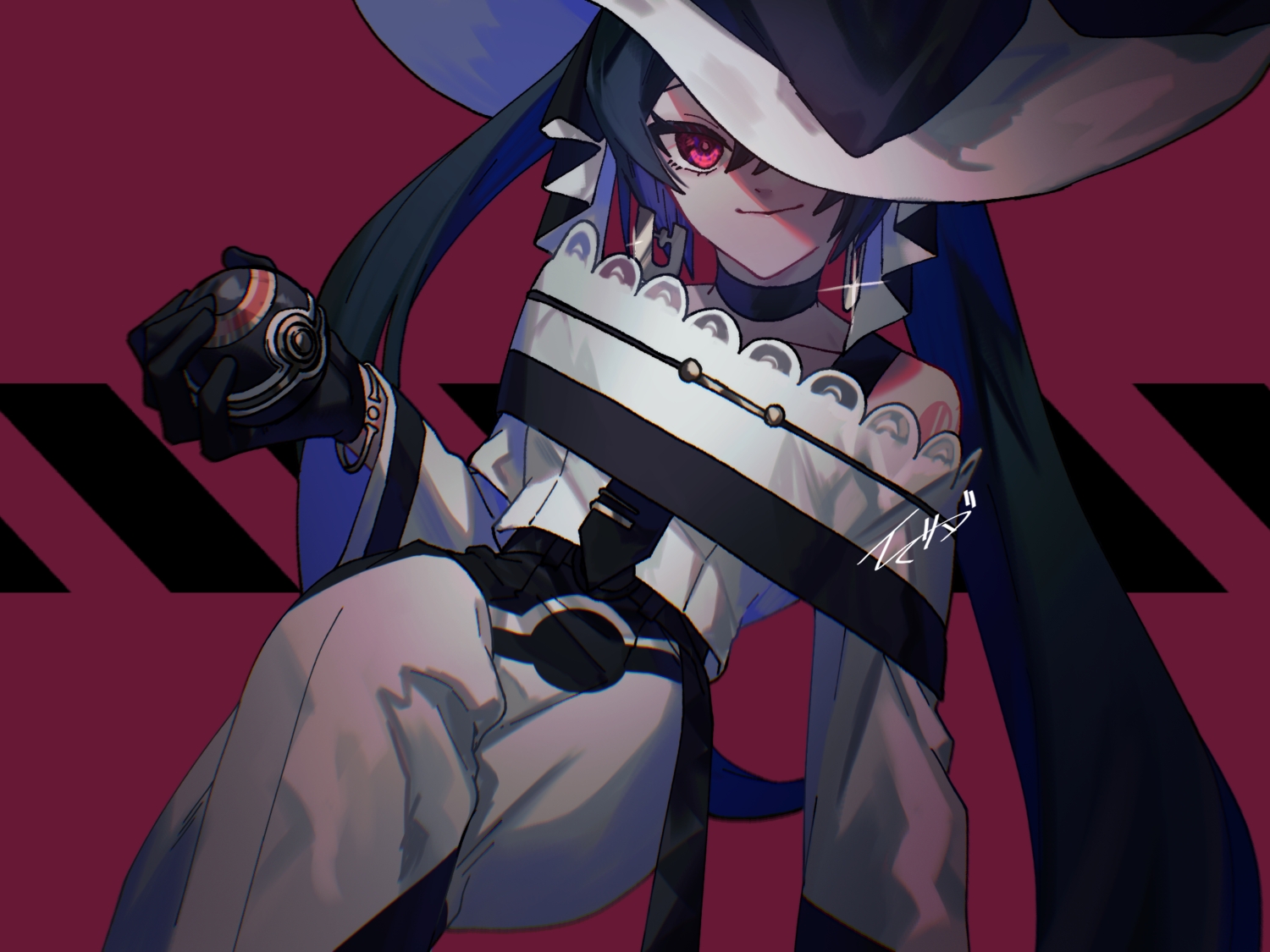 black_hair, choker, dark_miku_(project_voltage), dress, gloves, hat, hatsune_miku, imasada