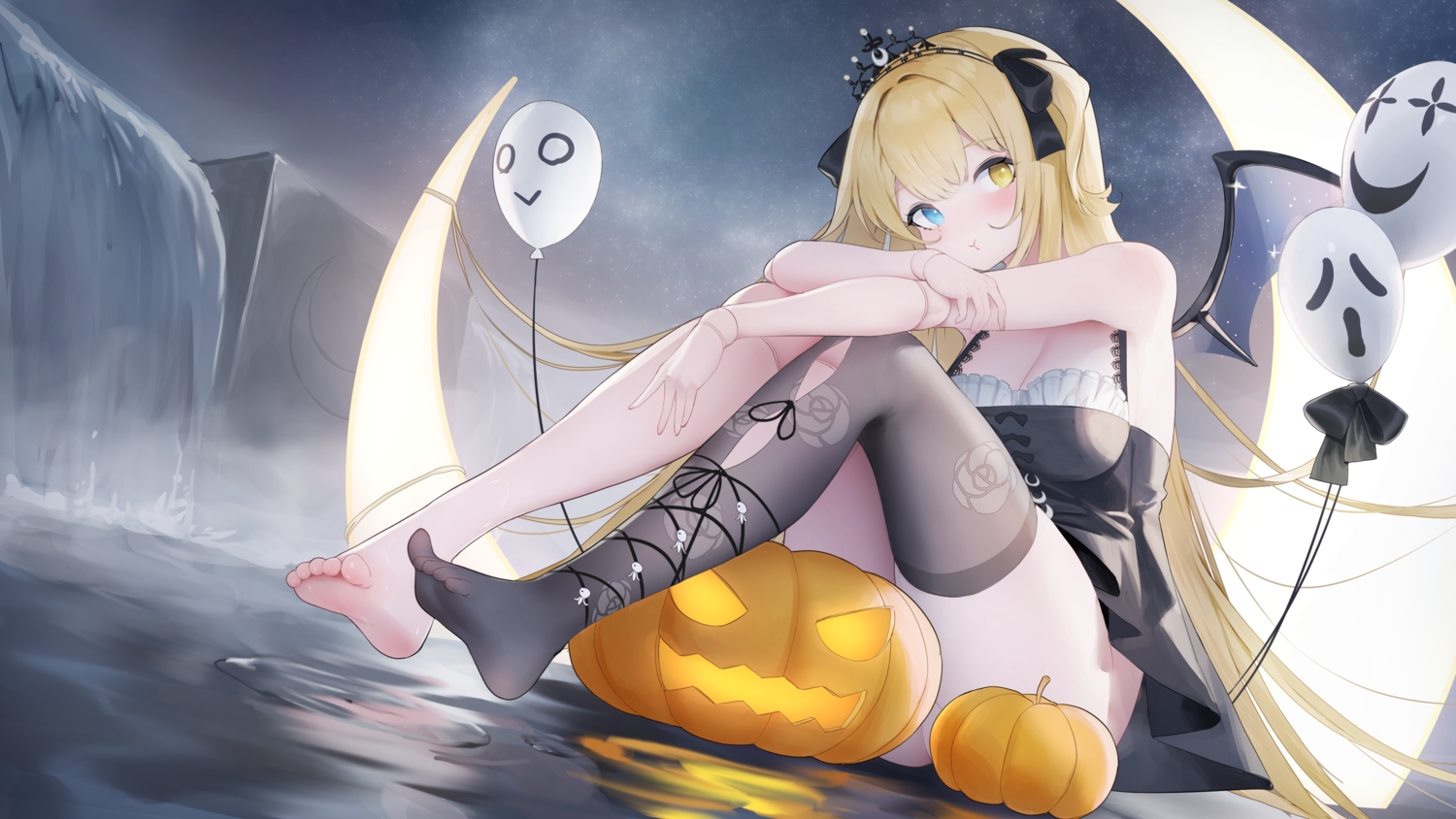 barefoot, bicolored_eyes, blonde_hair, blue_eyes, breasts, cleavage, doll, dress, halloween, long_hair, moon, original, pumpkin, thighhighs, tiara, wings, yashemao_qishi, yellow_eyes