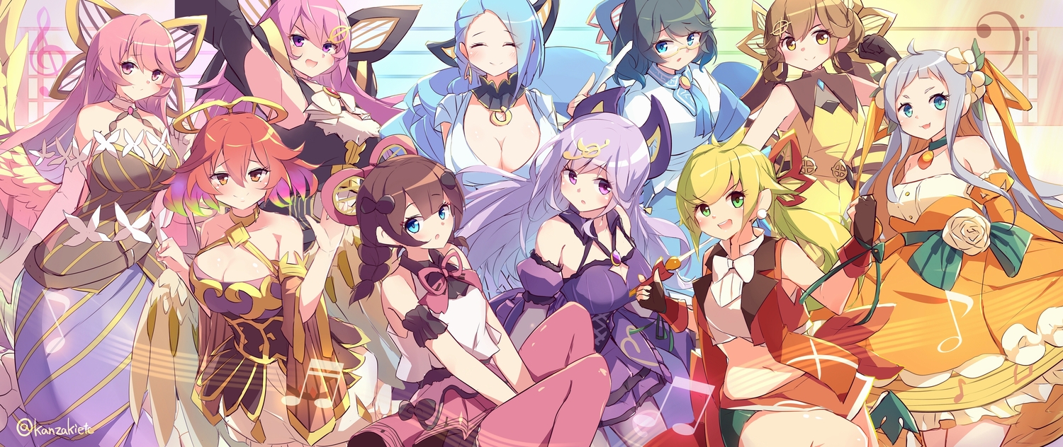 aqua_eyes, blonde_hair, braids, breasts, brown_eyes, brown_hair, cleavage, dosolfachord_coolia, dosolfachord_cutia, dress, fasolfachord_fancia, glasses, gransolfachord_coolia, gransolfachord_musecia, gray_hair, green_eyes, group, kanzakietc, lasolfachord_angelia, long_hair, misolfachord_eliteia, music, pink_hair, purple_eyes, purple_hair, resolfachord_dreamia, signed, sketch, solsolfachord_gracia, tisolfachord_beautia, twintails, wings, yu-gi-oh