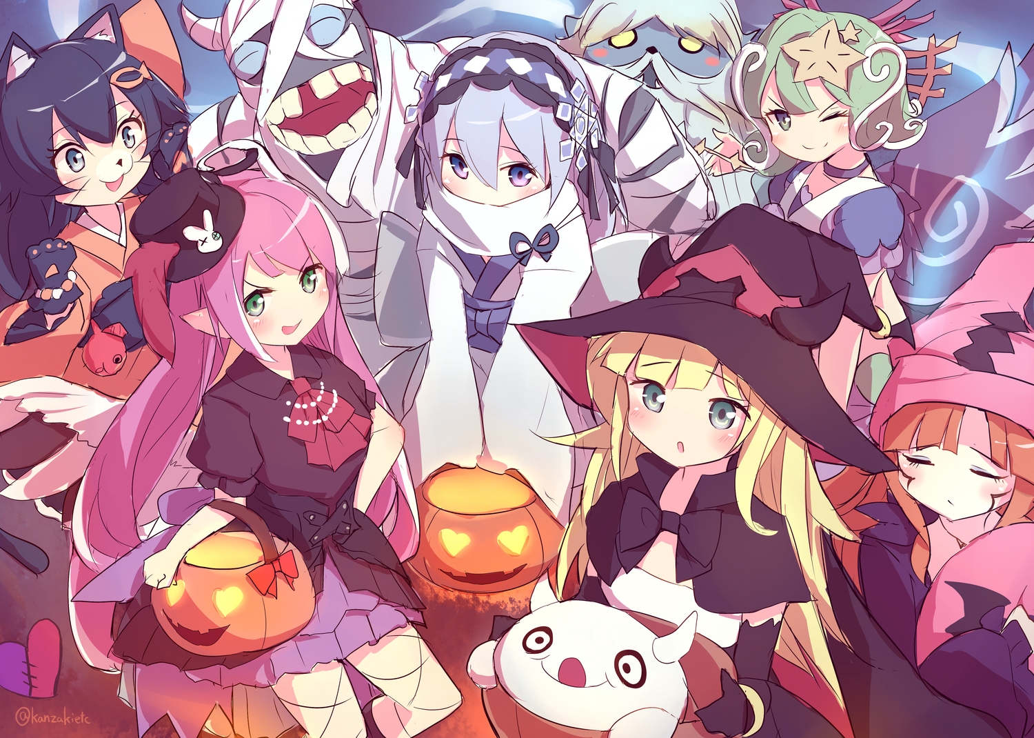animal_ears, blonde_hair, brown_hair, catgirl, cat_smile, dress, ghostrick_angel_of_mischief, ghostrick_mummy, ghostrick_nekomusume, ghostrick_siren, ghostrick_socuteboss, ghostrick_specter, ghostrick_witch, ghostrick_yeti, ghostrick_yuki-onna, gray_eyes, green_hair, group, halloween, hat, kanzakietc, loli, long_hair, pointed_ears, pumpkin, purple_hair, signed, sketch, twintails, wings, wink, witch_hat, yu-gi-oh