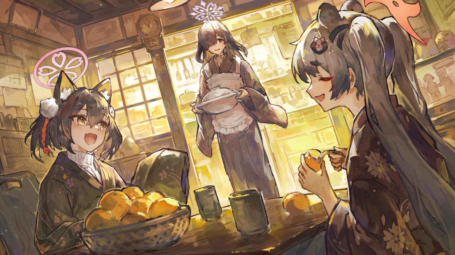 animal_ears, apron, black_hair, blue_archive, blush, brown_eyes, chidori_michiru, fang