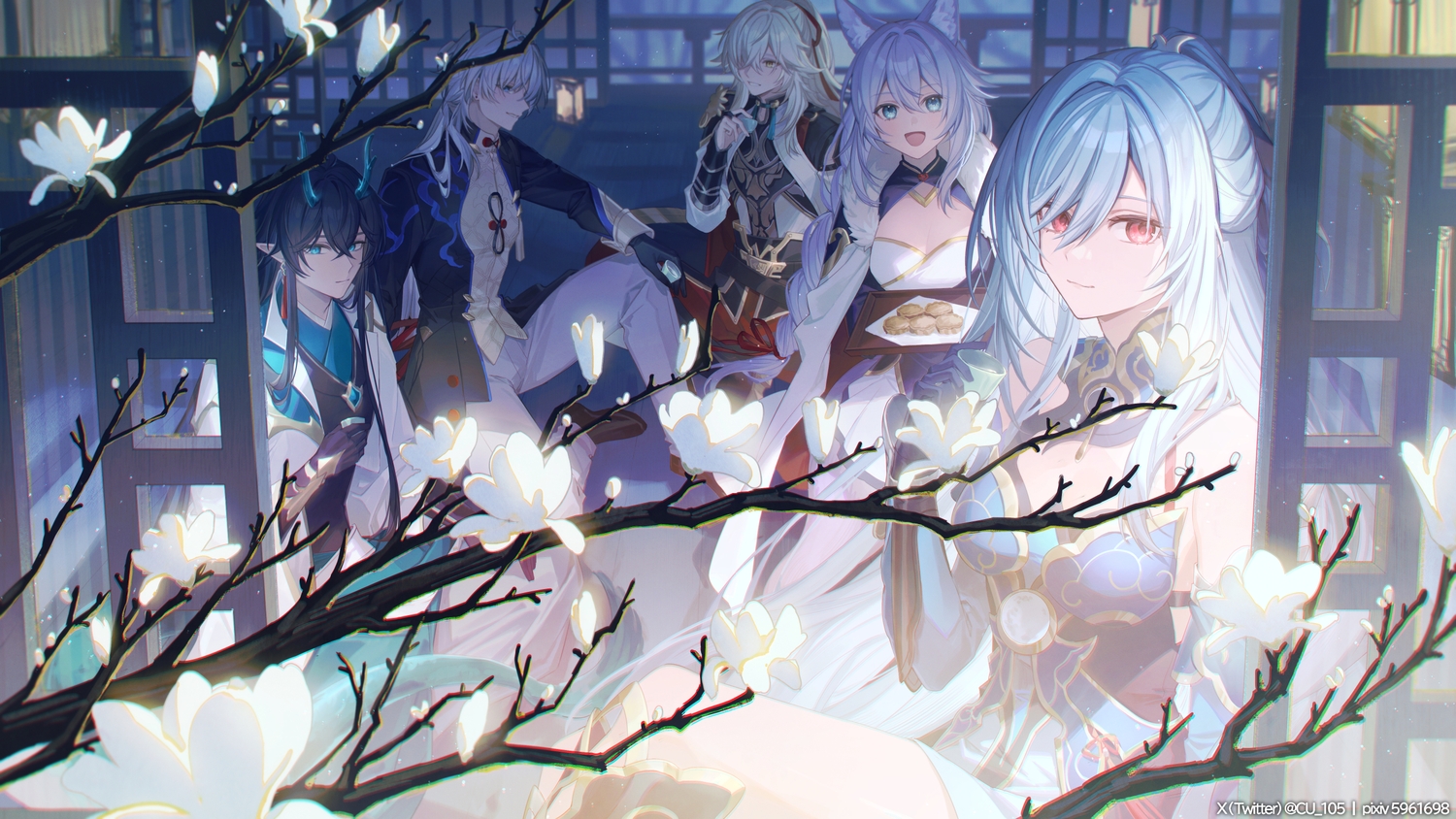 animal_ears, aqua_eyes, aqua_hair, baiheng_(honkai:_star_rail), coyucom, dan_feng_(honkai:_star_rail), dan_heng_(honkai:_star_rail), flowers