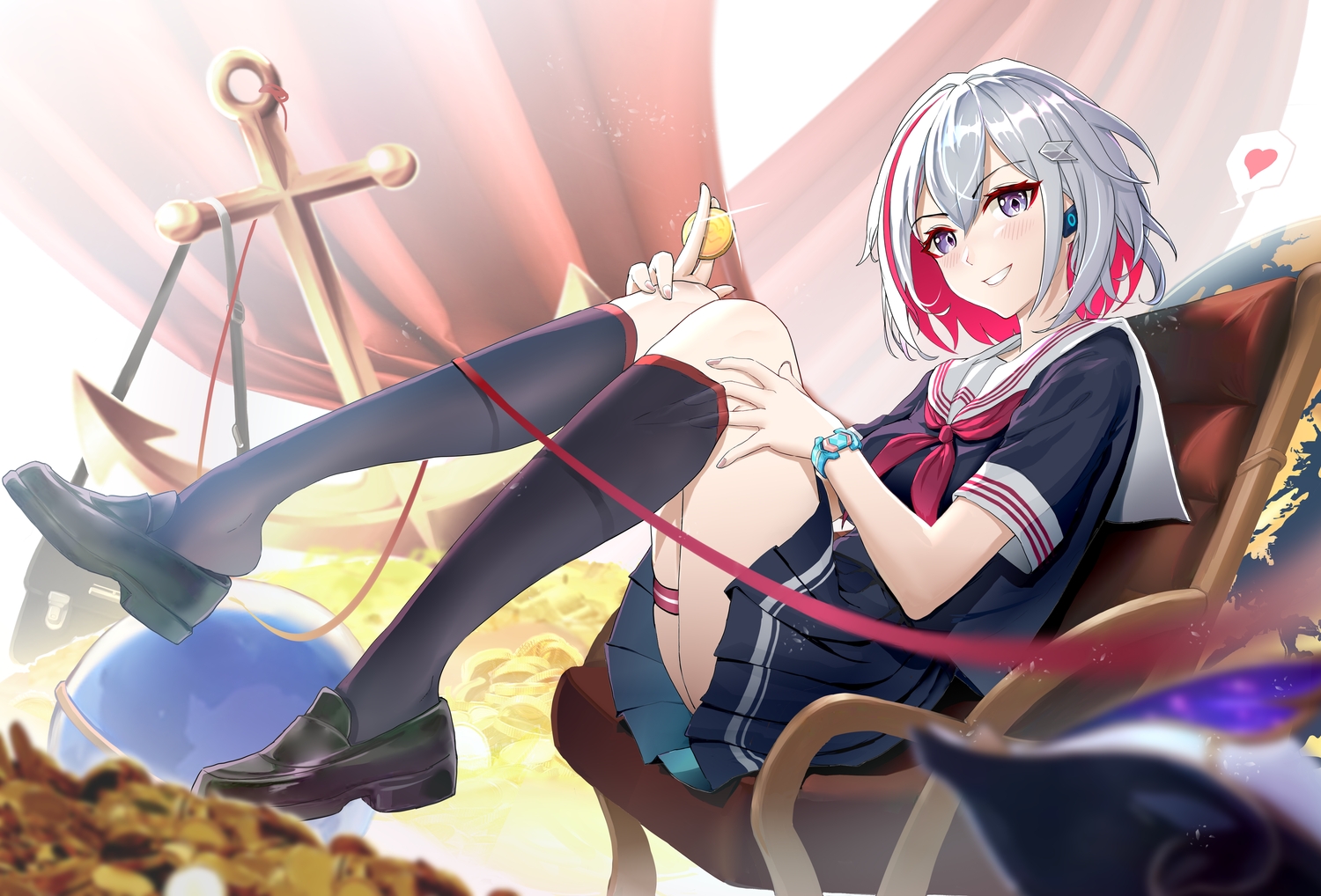 blush, garter, gray_hair, honkai_(series), honkai:_star_rail, kneehighs, purple_eyes, ribbons