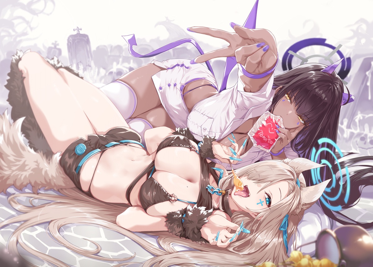 2girls, animal_ears, bikini, black_hair, blood, blue_archive, blue_eyes, gray_hair, halloween, ichinose_asuna, kakudate_karin, navel, nurse, ohland, shorts, skirt, swimsuit, tail, thighhighs, yellow_eyes