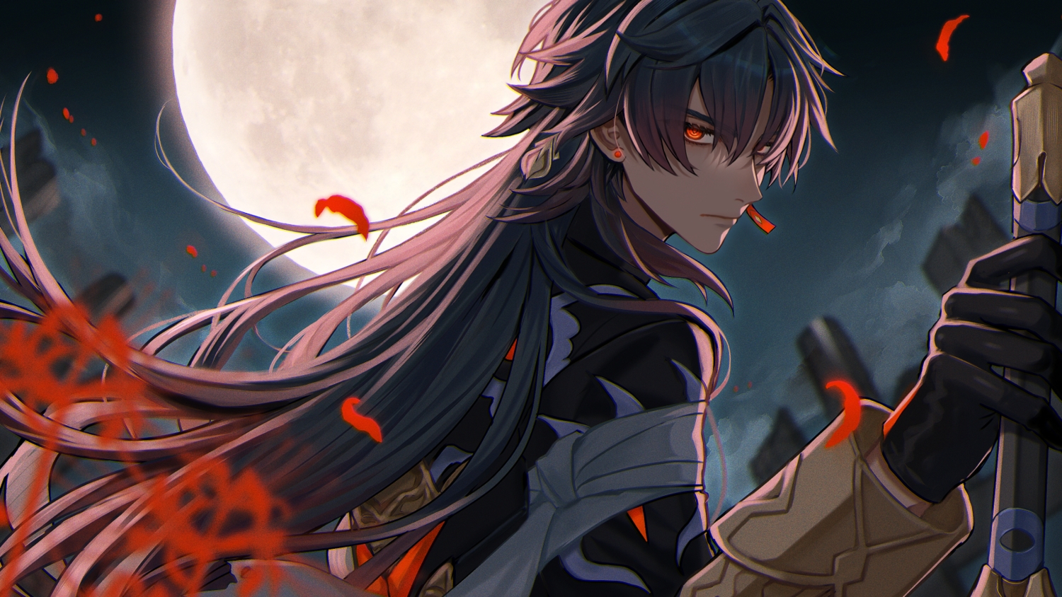 all_male, ameno_(ameno_f), black_hair, blade_(honkai:_star_rail), close, flowers, gloves, honkai_(series), honkai:_star_rail, long_hair, male, moon, night, petals, red_eyes, sword, weapon