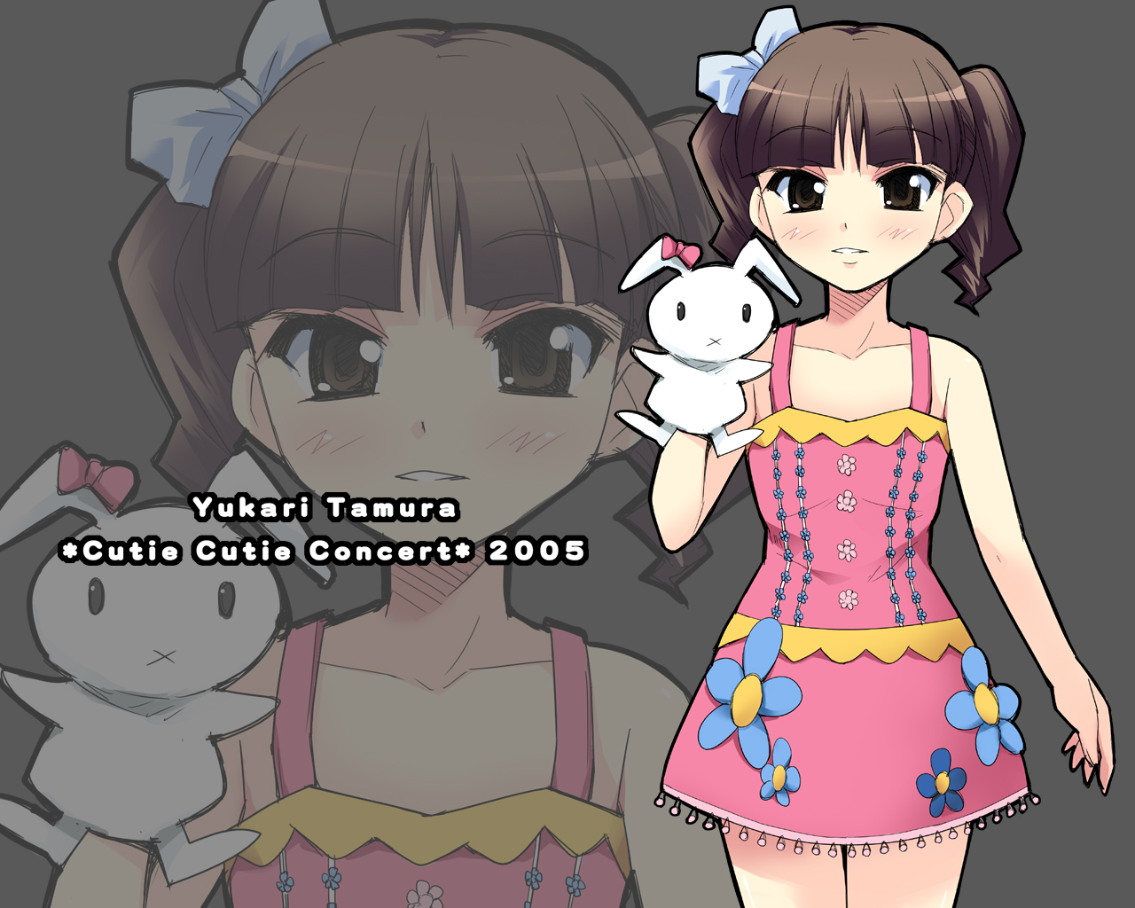 blush, bow, brown_eyes, brown_hair, bunny, doll, dress, flat_chest