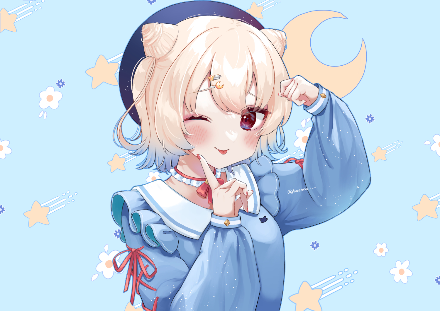 blonde_hair, blush, bow, choker, close, hat, masshirokachi, nekomori_stella