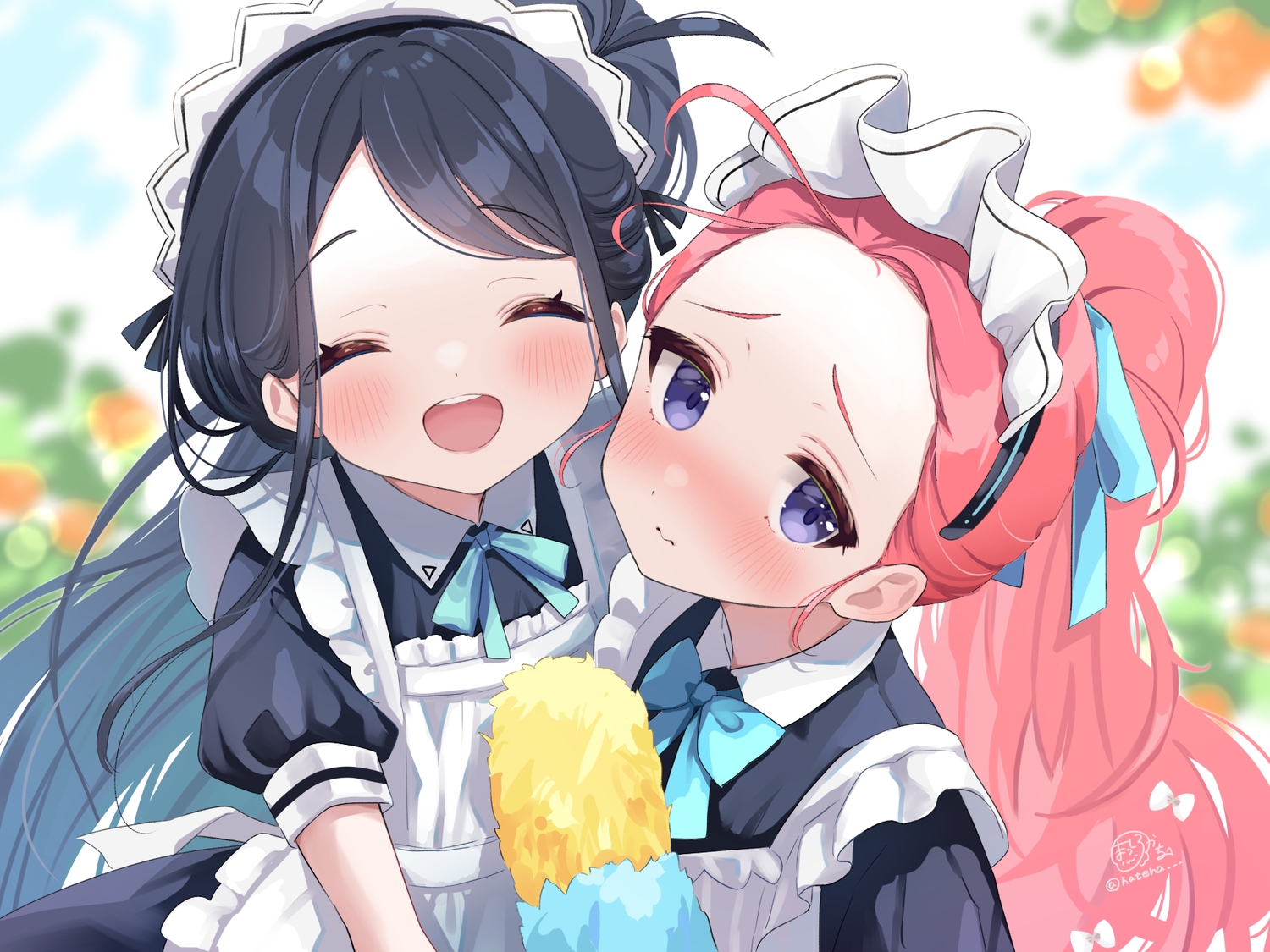 2girls, apron, black_hair, blue_archive, blush, bow, close, hanaoka_yuzu