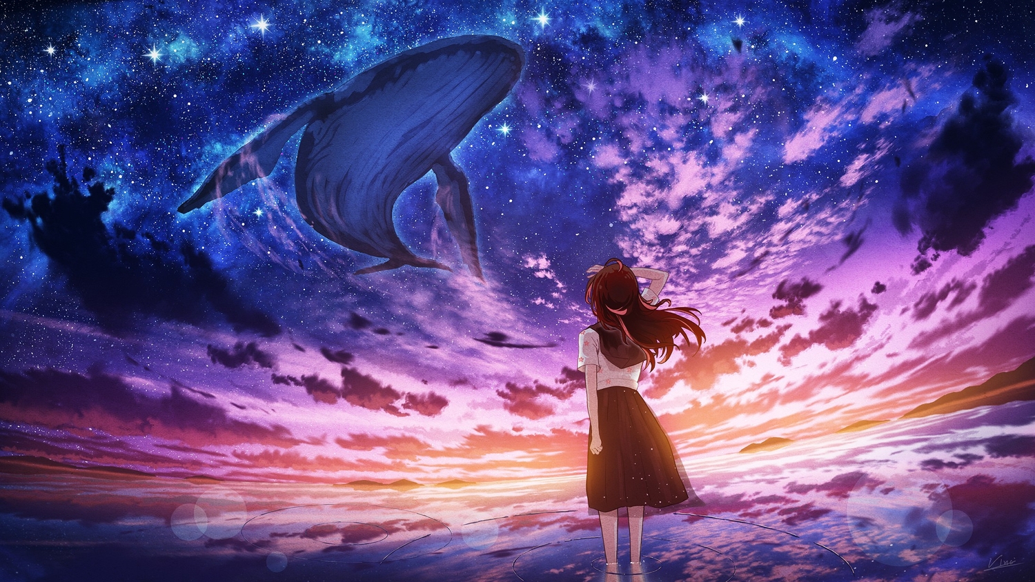 animal, brown_hair, clouds, fish, original, reflection, school_uniform, skirt
