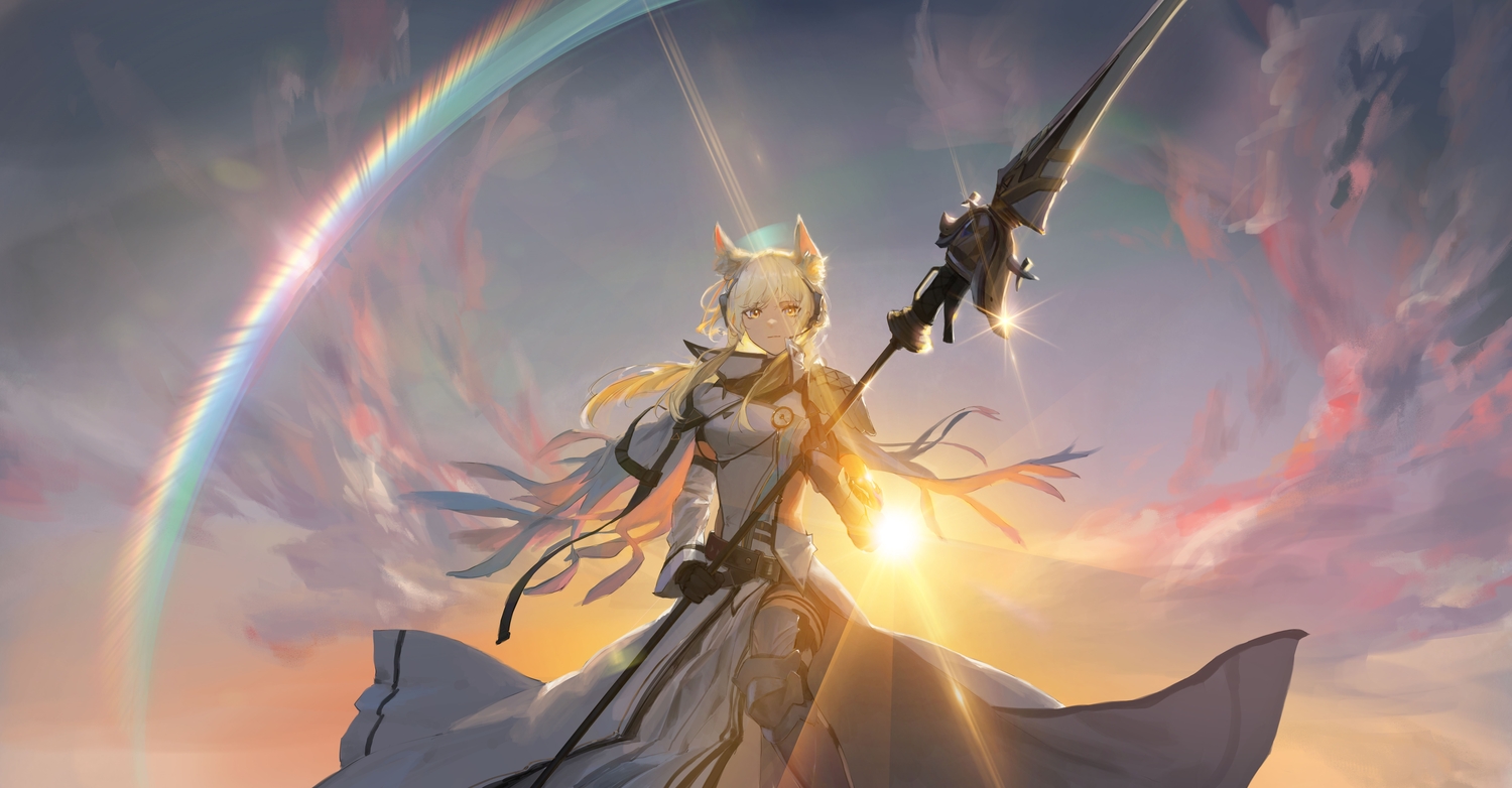 animal_ears, arknights, armor, blonde_hair, breasts, brown_eyes, gloves, headphones, long_hair, lsha, nearl_(arknights), thighhighs, weapon