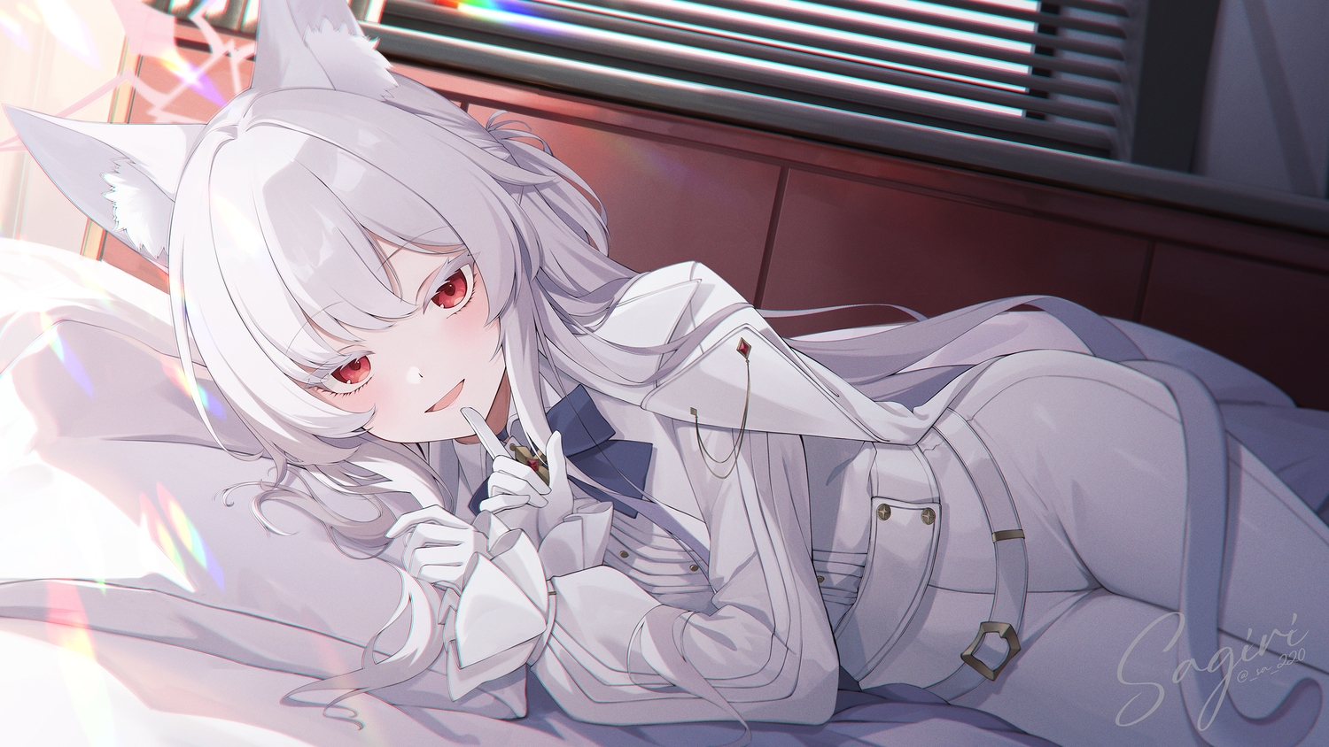 animal_ears, bed, blue_archive, bow, cape, catgirl, gloves, halo