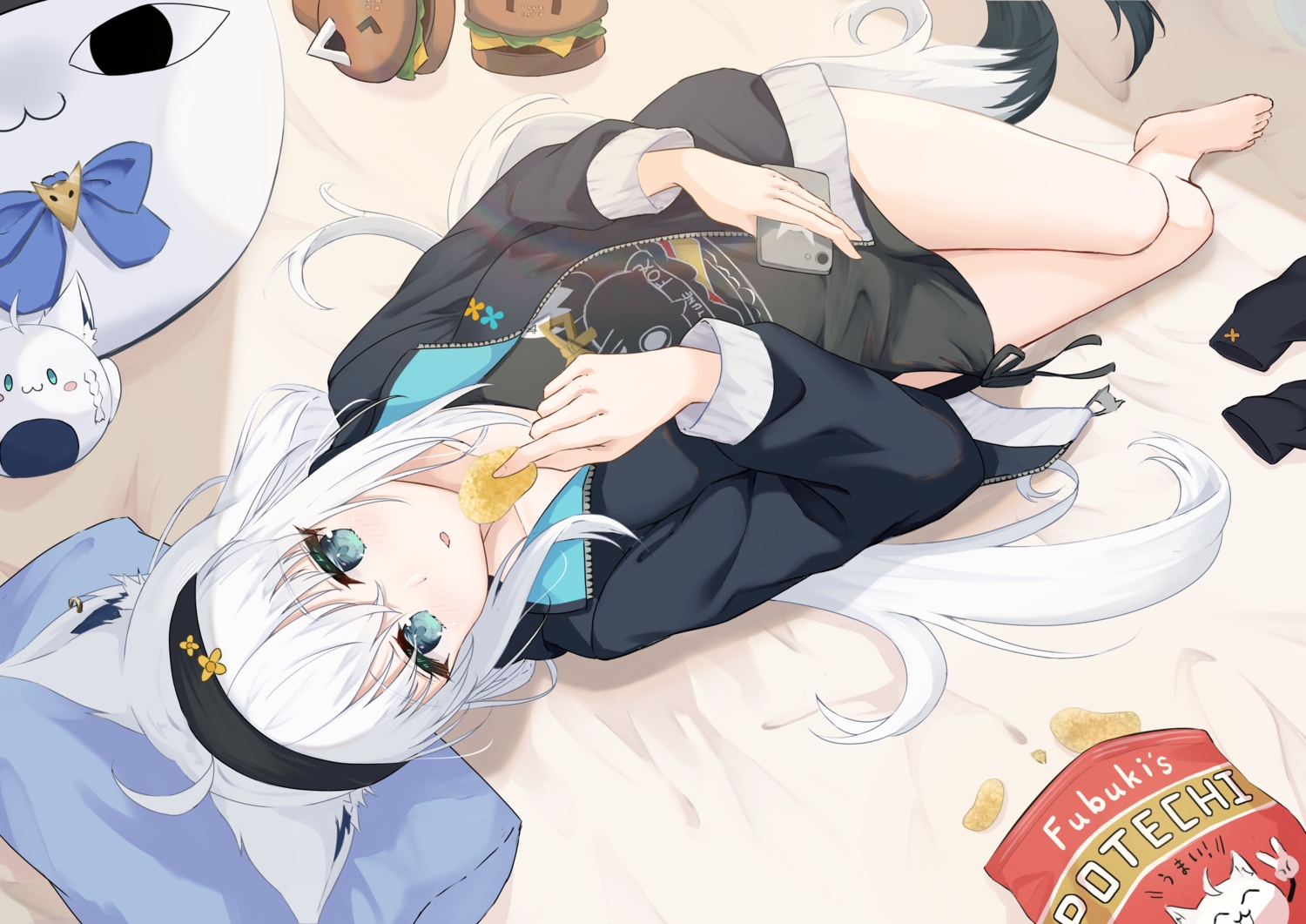 animal_ears, aqua_eyes, barefoot, bed, food, foxgirl, headband, hiragi_moka, hololive, long_hair, phone, shirakami_fubuki, tail, white_hair
