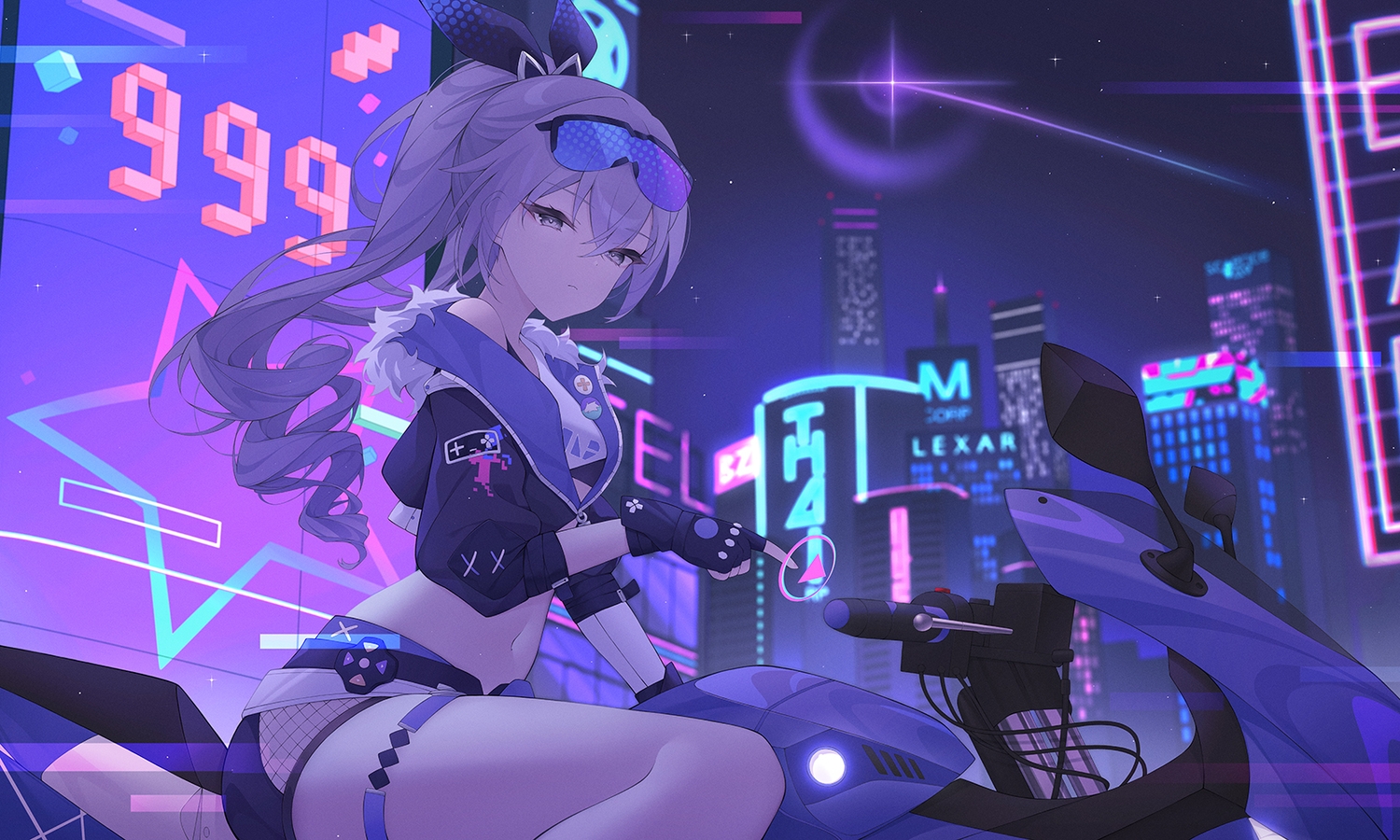 building, city, garter, gloves, goggles, gray_eyes, gray_hair, honkai_(series)