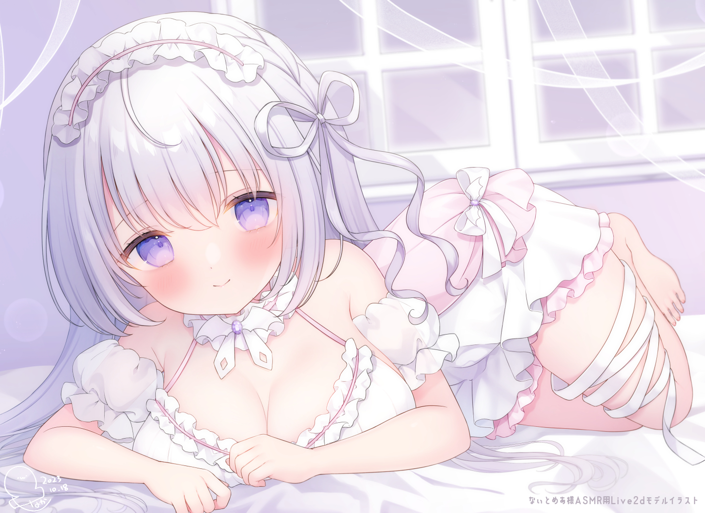 barefoot, bed, blush, bow, breasts, choker, cleavage, dress, garter, gray_hair, headdress, indie_virtual_youtuber, lolita_fashion, long_hair, naito_mare_(vtuber), omochi_monaka, purple_eyes, ribbons, signed