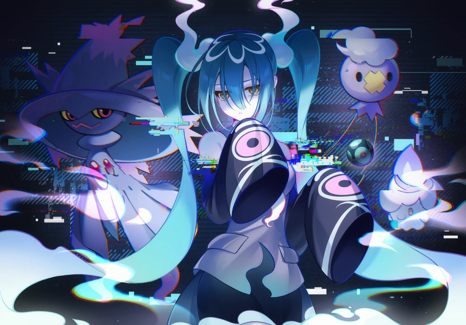 aliasing, aqua_hair, drifloon, ghost_miku_(project_voltage), hatsune_miku, jpeg_artifacts, kanvien, litwick