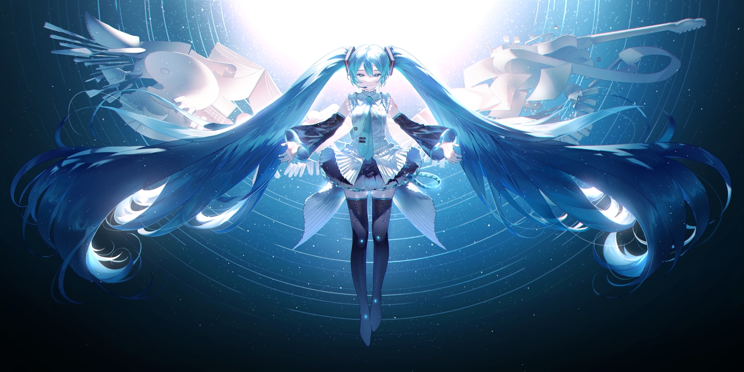 aqua_eyes, aqua_hair, blue, book, boots, guitar, hamuna_(hamuna_86), hatsune_miku, instrument, long_hair, microphone, paper, stars, thighhighs, tie, twintails, vocaloid, wings, zettai_ryouiki