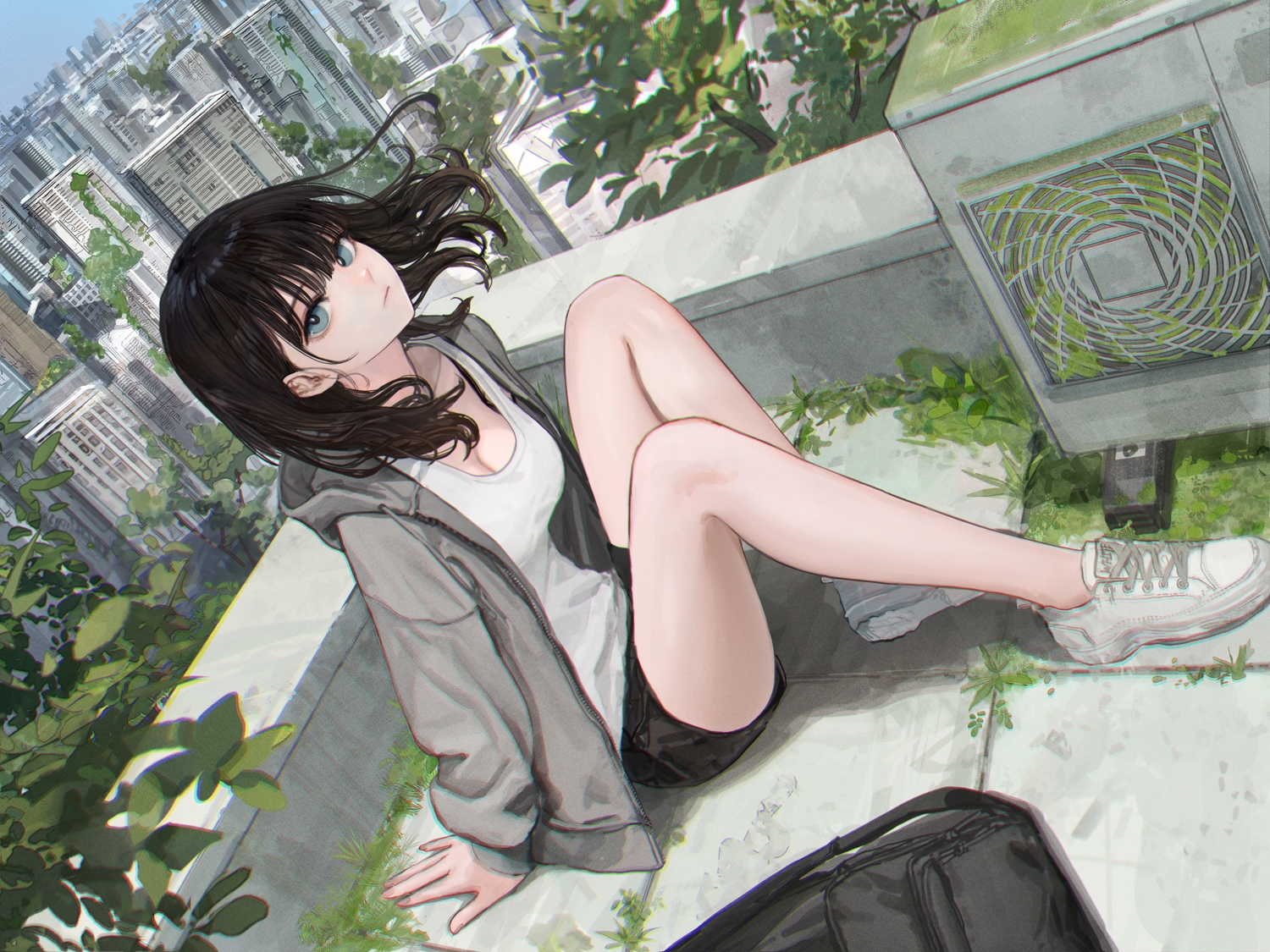 black_hair, blue_eyes, breasts, building, city, cleavage, hashimoto_kokai, hood