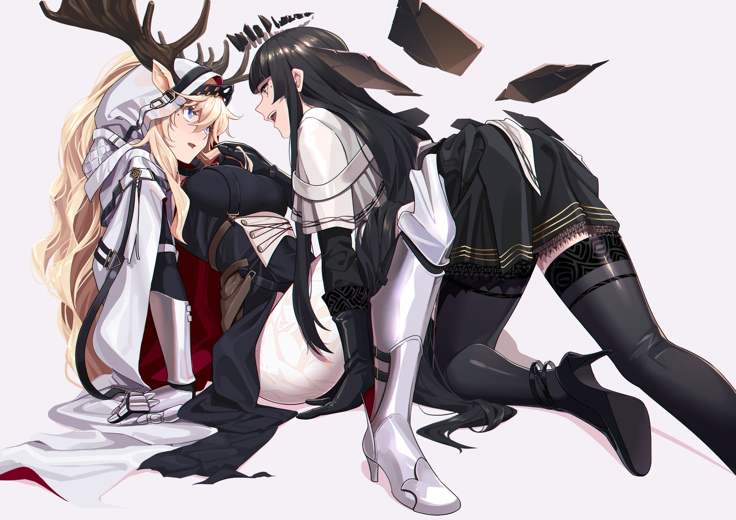 2girls, arknights, armor, black_hair, blonde_hair, cape, dress, hood