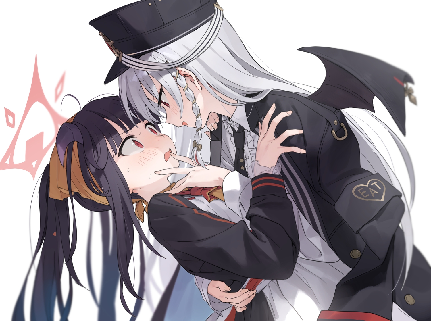 2girls, aikiyo_fuuka, blue_archive, blush, gray_hair, hug, kurodate_haruna, long_hair, nanmo_(nanmokamo), ponytail, red_eyes, shoujo_ai, wings