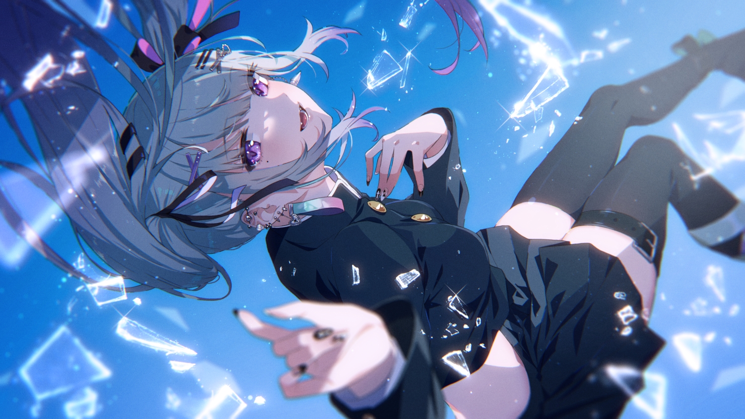 aqua_hair, fang, gomi_chihiro, long_hair, purple_eyes, skirt, sky, tadayoi_lina, thighhighs, twintails, uniform, zettai_ryouiki