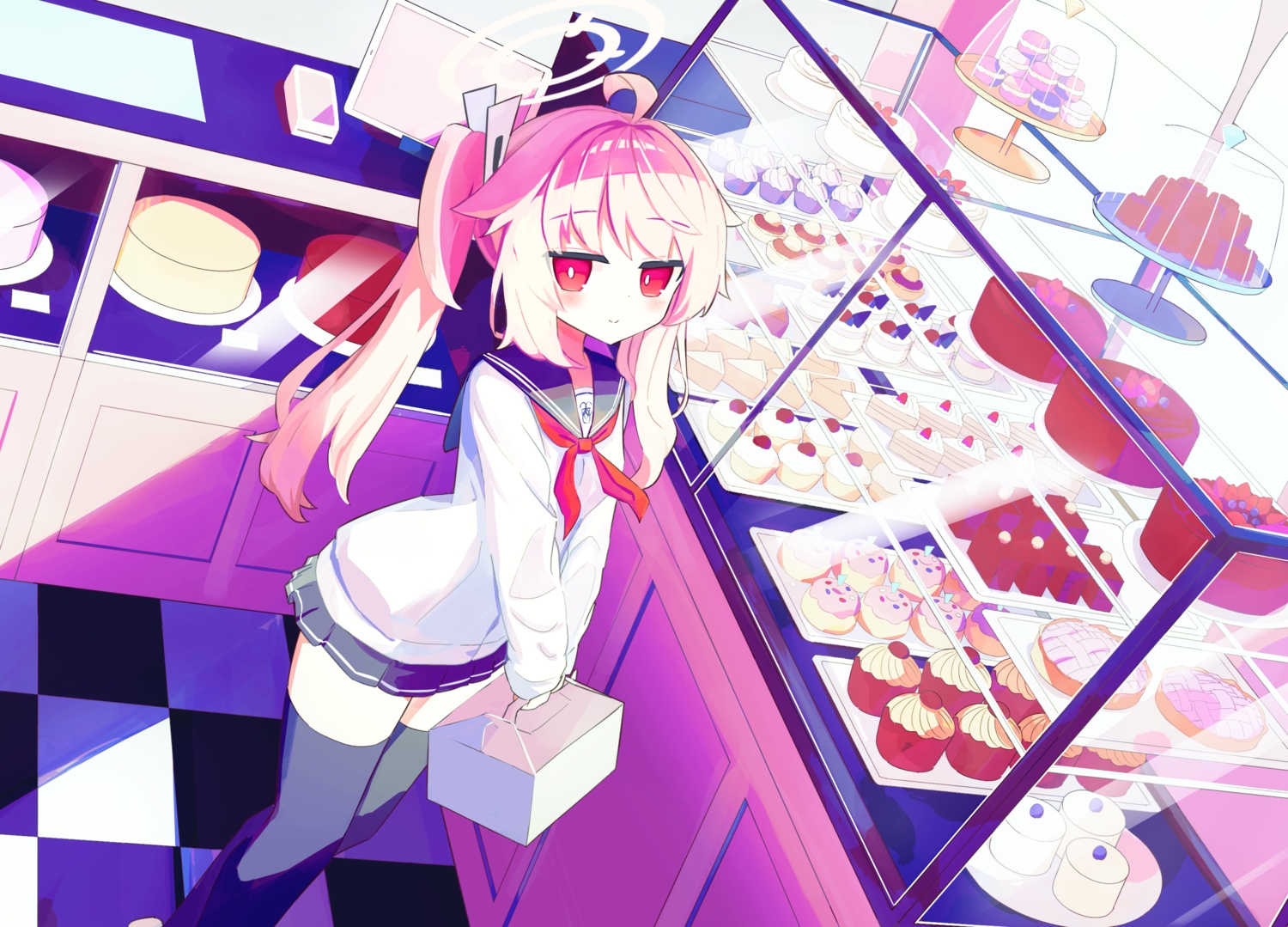 blonde_hair, blue_archive, blush, cake, food, fruit, halo, long_hair, neumo, ponytail, red_eyes, school_uniform, skirt, strawberry, thighhighs, yutori_natsu, zettai_ryouiki