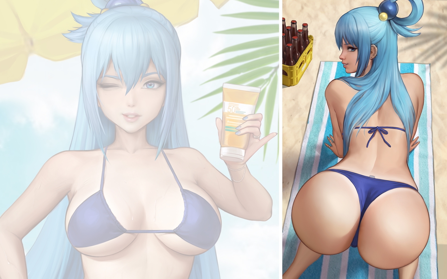 aqua_(konosuba), ass, beach, bikini, blue_eyes, blue_hair, drink, kono_subarashii_sekai_ni_shukufuku_wo!