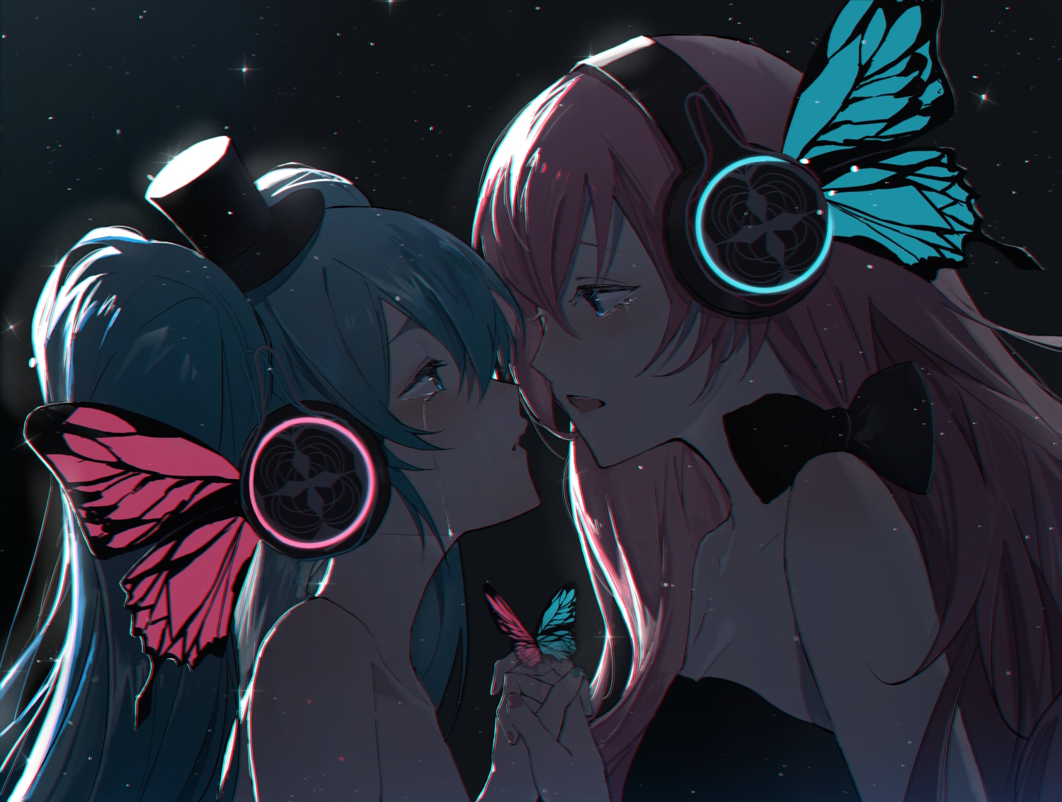 2girls, aqua_hair, blue_eyes, bow, butterfly, close, hatsune_miku, headphones, long_hair, magnet_(vocaloid), megurine_luka, pink_hair, shoujo_ai, tears, vocaloid, yurun_(yurun_ume)