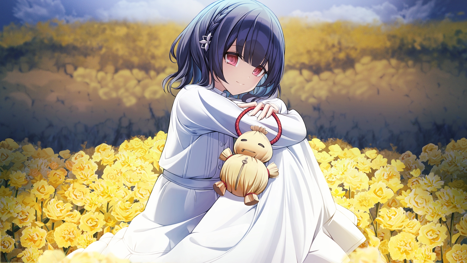 black_hair, braids, clouds, dress, flowers, idolmaster, idolmaster_shiny_colors, morino_rinze