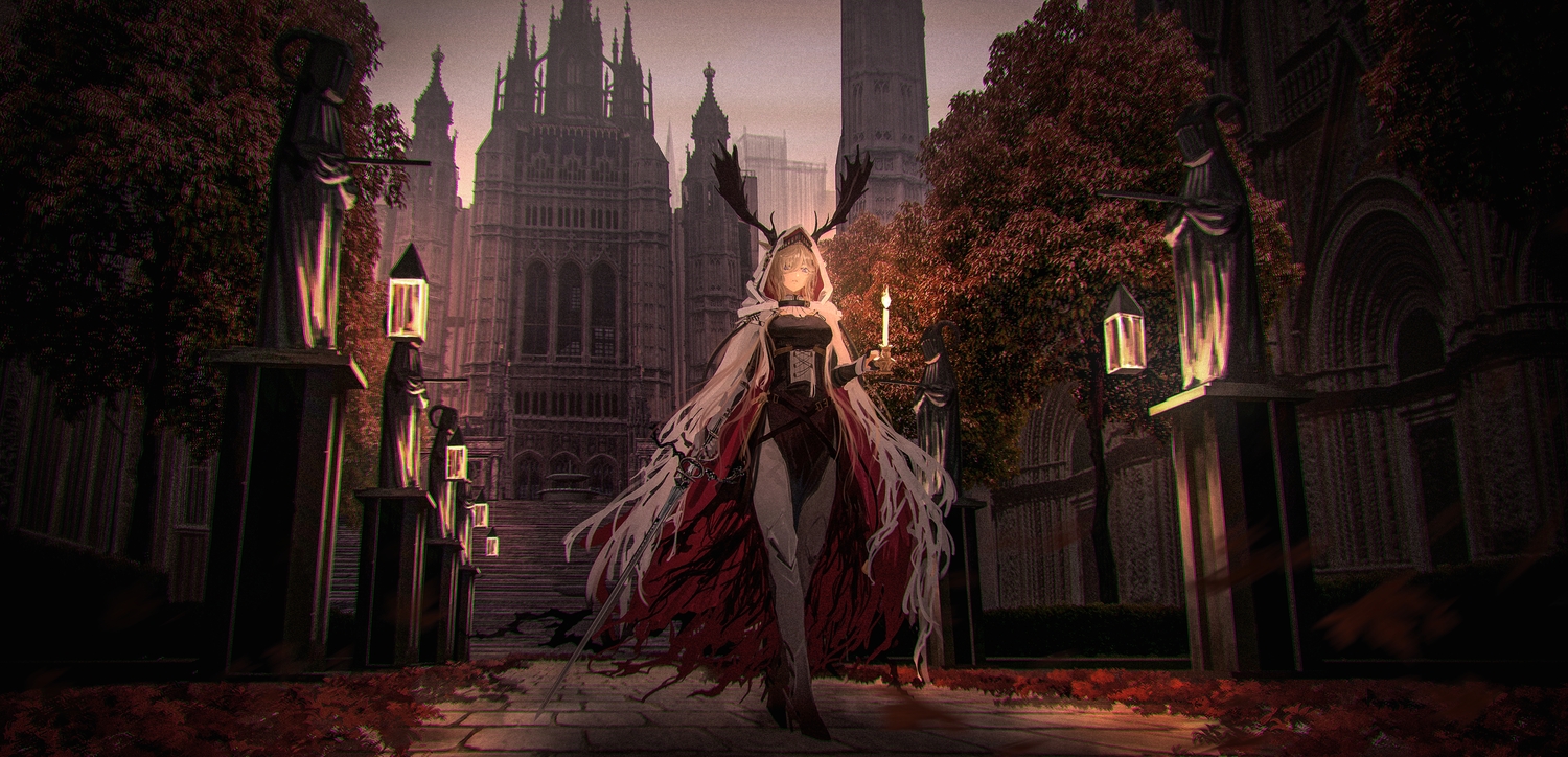 3d, animal_ears, arknights, brown_hair, building, cape, dress, hood