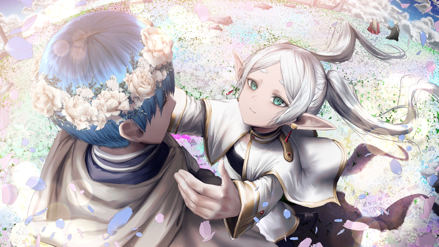 aqua_eyes, blue_hair, clouds, eisen_(sousou_no_frieren), flowers, frieren, gray_hair, headdress, heiter, himmel_(sousou_no_frieren), hinamayo, long_hair, male, petals, pointed_ears, rose, short_hair, sky, sousou_no_frieren, twintails