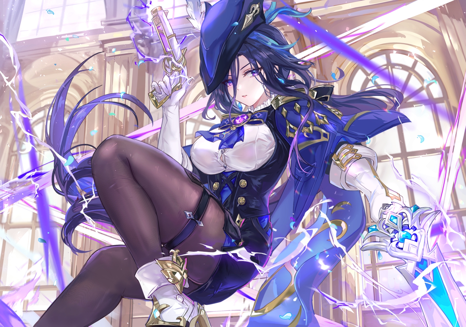 blue_hair, clorinde_(genshin_impact), garter, genshin_impact, gun, long_hair, magic, pantyhose, purple_eyes, sword, vardan, weapon
