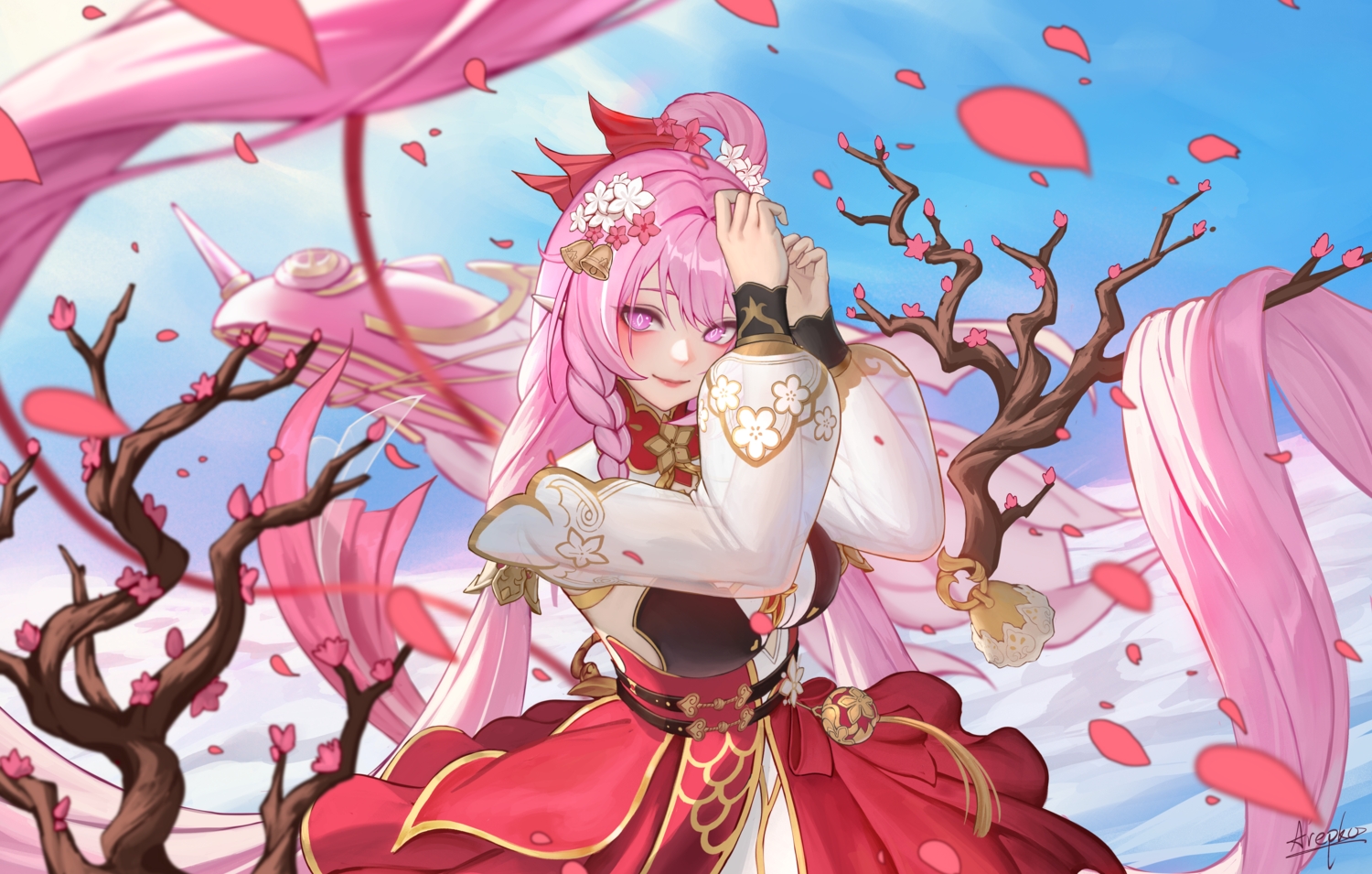 arepko, bell, braids, chinese_clothes, clouds, dress, elysia_(honkai_impact), flowers