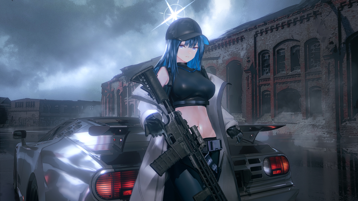 3d, blue_archive, blue_eyes, blue_hair, car, clouds, gloves, gun