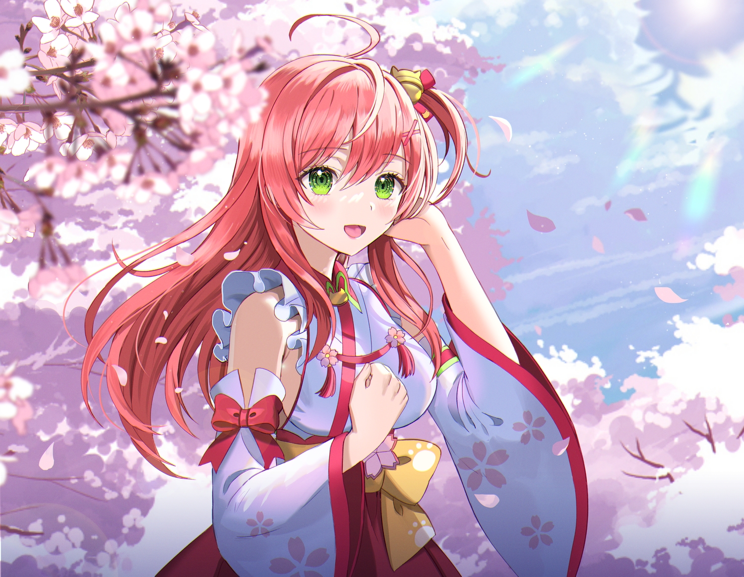 bell, blush, bow, breasts, cherry_blossoms, clouds, flowers, green_eyes